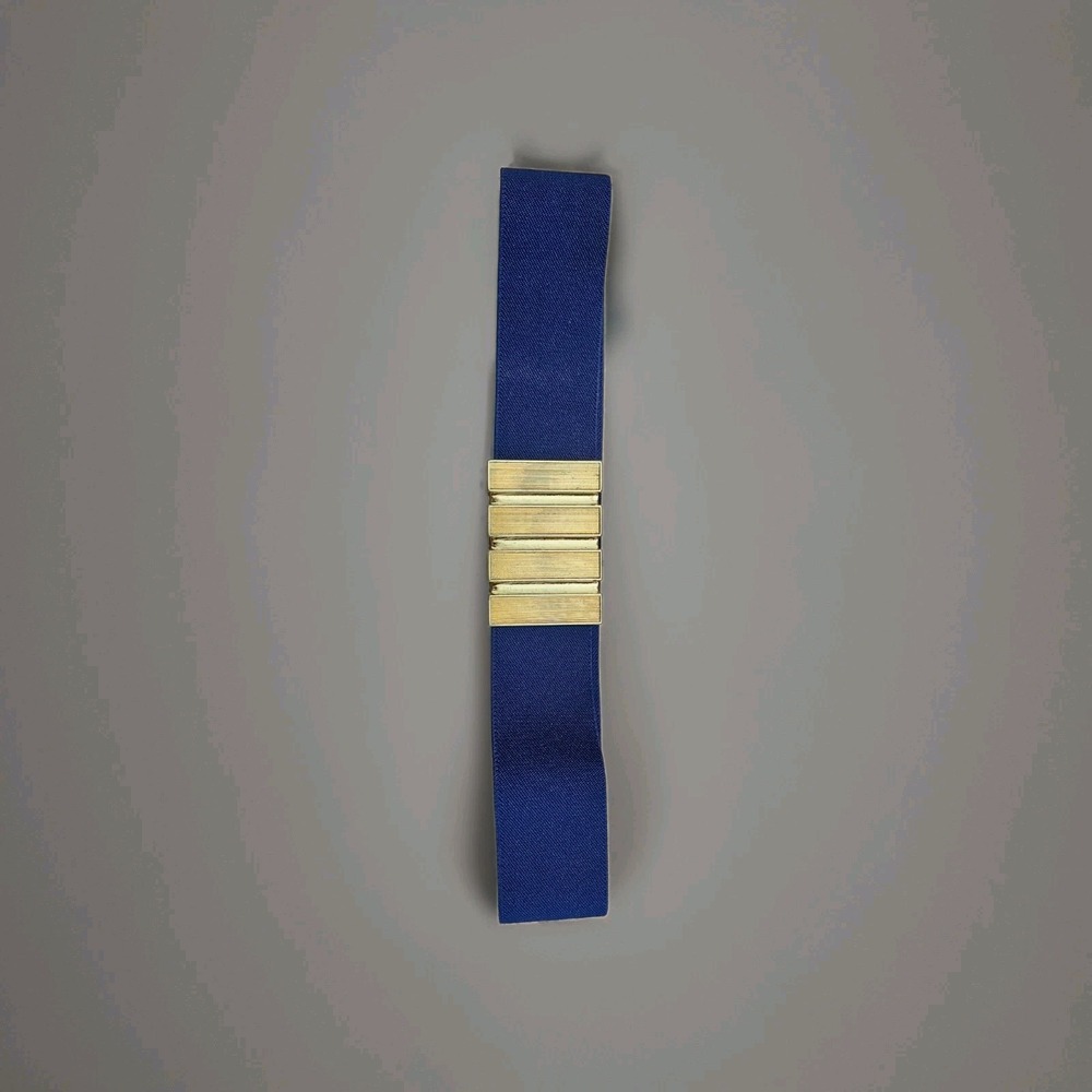 Vintage 1980s Blue Stretch Belt Striped Gold Tone Clip Buckle Elastic Waist Belt